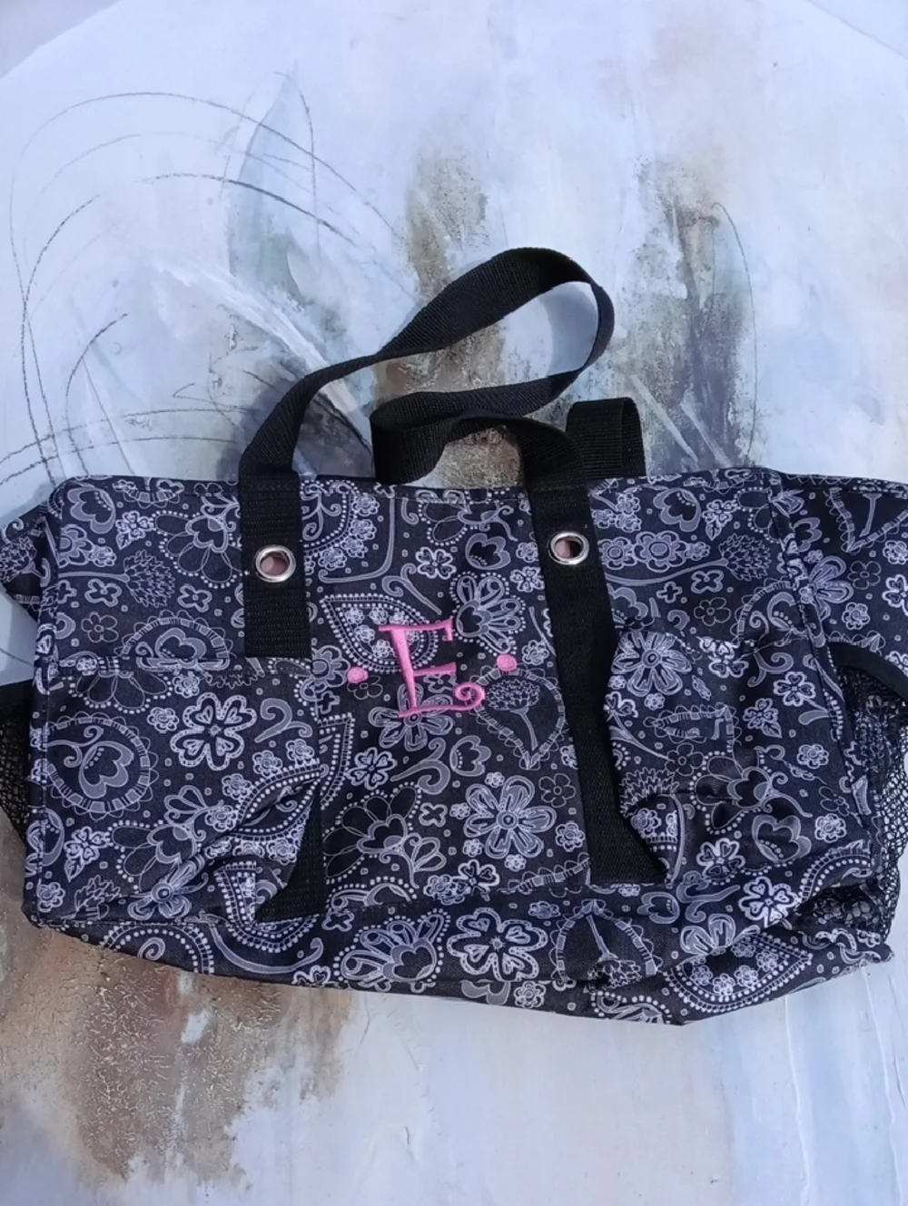 Black Vintage Paisley Tote with Pink Monogram, By Thirty One - Picture 1 of 6